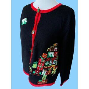 BEREK LADIES VINTAGE LS BLACK CHRISTMAS PACKAGE CARDIGAN SWEATER EUC L